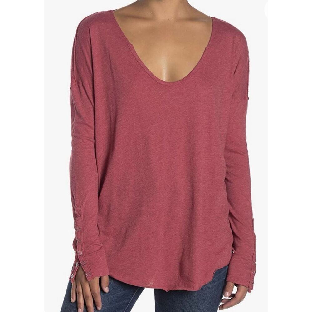 We The Free by Free People Red Long Sleeve Tee | Scoop Neck Soft Knit Top | Size